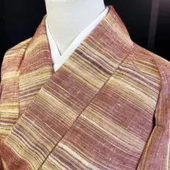 【春】14983z 着物 紬 しつけ付き 横縞文様