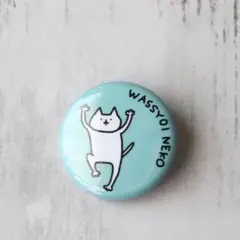 【わっしょいねこ缶バッジ】オリジナル創作イラストグッズ　ゆるいユニーク雑貨　水色