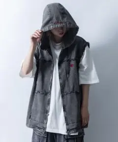Startingover フリンジデニム ノースリーブ パーカー ベスト