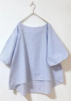 美品　シャツブラウス Aライン　　リップル地　ストライプ　　大きい　ブルー