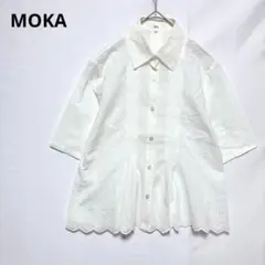 モカ　シャツブラウス　半袖　綿100% 刺繍デザイン　シンプル　可愛い　大人