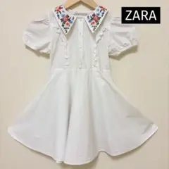ZARAホワイト刺繍付きフレアワンピース