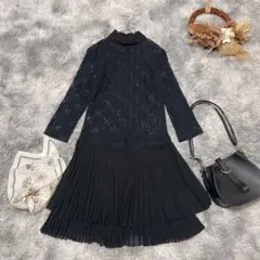 STEFANEL (EU/38) レース切替 バンドカラーワンピース プリーツ