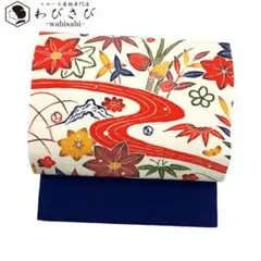 O-2096 名古屋帯 塩瀬 型染 桔梗 笹 鬼灯 流水 乳白色 濃桔梗色