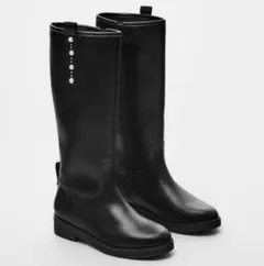 新品☆ZARA ザラ フェイクパール付きロングブーツ Black