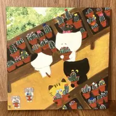 猫の絵 ネコの絵 手描きイラスト「お気に入りのサボテンを選ぶ猫たち」