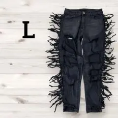 ブラック デニムパンツ 【L】フリンジ付きダメージ加工