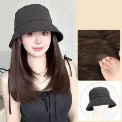 ウィッグ付き帽子 ダークブラウン キャップ ハット ストレート ミディアム UV