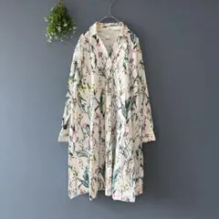 オットー［M］ペイントフラワープリント　コットン100　膝丈長袖シャツワンピース