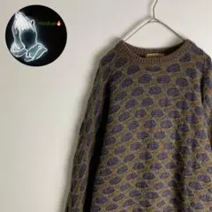 【ニット ドット 総柄 ブラウン 紫 ダークカラー ヴィンテージ感 古着】