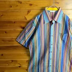 柄シャツ　半袖シャツ　ストライプ　カラフル　レインボー　マルチカラー　カジュアル