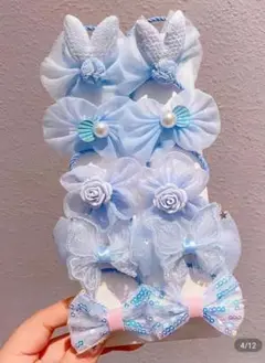水色リボンと花のヘアゴム5個セット