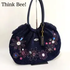 新品✨シンクビー✨ビジュー刺繍ハンドバッグ　花柄　ワンショルダー　ネイビー