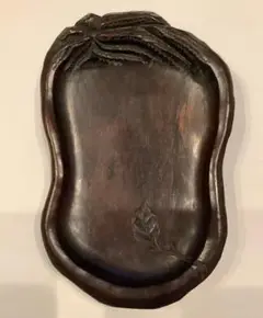 【紫檀】黒檀 唐木 茄子型皿 器 丸彫り アンティーク
