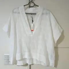 新品タグ付☆バナナリパブリック 半袖Vネックブラウス/シャツ リネン L 白