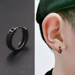 【売れ筋商品】メンズ　ブラック　リング　フープ　アルファベット　ピアス　両耳