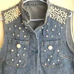 2XL パール付き薄型デニムジレ