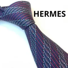 【美品】HERMES ネクタイ ネイビー系 バイカラー ストライプ