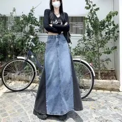 デニム　マキシ丈　バイカラー　ロングスカート　スカート 楽ちん ゆったり 普段着