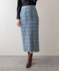 裾フリンジチェックナロースカート ブルー