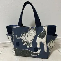 サイドポケット付き ネコ トートバッグ ポケットいっぱい 猫 ねこ ネイビー