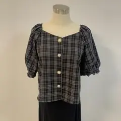 チェック柄パフスリーブトップス Mサイズ