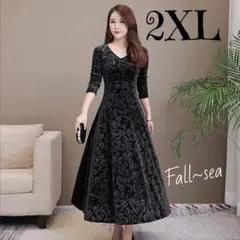 【ベルベット ロングワンピース 】新品♡ 黒 花柄 マキシドレス 高級感 2XL