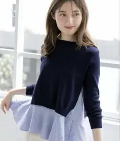 新品未使用 ストライプ ノースリーブ バックスリット 春服 ネイビー ドッキング