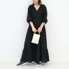 BEAMS ビームス カットワーク 刺繍ワンピース M ブラック