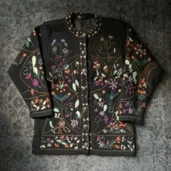 希少 花柄 刺繍 総柄ニット カーディガン レトロ vintage 黒 古着