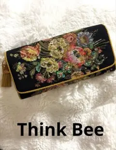 【美品】Think Bee！　長財布　ジャガード　ビーズ　スパンコール　黒