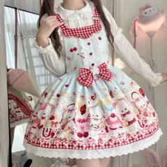 水色ロリータ ワンピース ジャンスカ ギンガムチェック りぼん 原宿