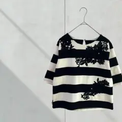 3500【RIBBON DRESS】デザインTシャツ　ボーダー　刺繍　白黒　韓国