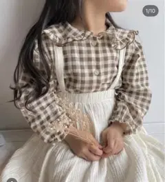韓国こども服 チェックブラウス ブラウン