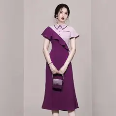 大人気 かわいい ワンピース ドレス 紫 ロング丈 フリル 個性的 韓国 夏