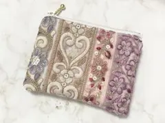 《123》インド刺繍リボンポーチ　小さめ　パープルヌビキルト