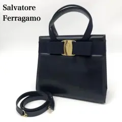 【美品】フェラガモ ヴァラリボン 2way ハンド ショルダーバッグ ネイビー