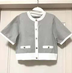【タグ付き未使用】ジャスグリッティー　半袖ジャケットライクラメカーデ　グレー　M 新品未使用タグ付き JUSGLITTY 半袖ジャケットライクラメカーデ