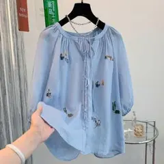 ブラウス 刺繍 フロントボタン 綺麗め ゆったり 着心地いい 柔らかくて