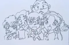 少年探偵団。名探偵コナン。ファンアート。手描きイラスト。ペン画。一筆書き。ハガキ