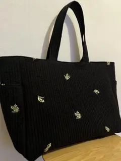 刺繍ヌビ仕切りマザーズバッグ/ミモザブラック/ハンドメイド 40d36065e89af732a1c40dc95a3535