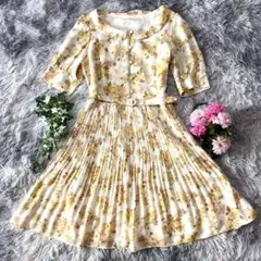 【極美品】Peyton Place 花柄プリーツワンピース 半袖【M】イエロー系
