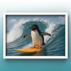 開運のビッグウェーブ　波に乗るペンギン　額縁付き　幸福のグラフィック
