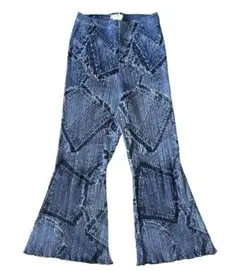 レア PLEATS PLEASE 転写デニム パッチワークプリント フレアパンツ