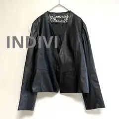 インディヴィ　フェイクレザー　ノーカラージャケット　ブラック　大きめサイズ　5L