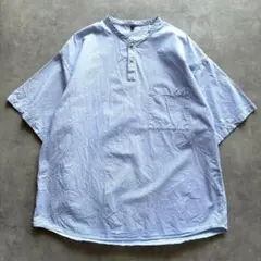 美品 無印良品 涼感 ヘンリーネック 半袖布帛Tシャツ ブルーストライプ M