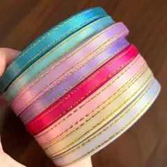 8巻セット 6mm ゴールドラメライン入り シングルサテンリボン ハンドメイド