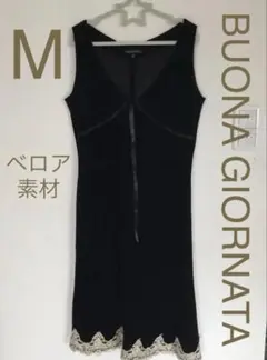 ベロア ノースリーブ ワンピース M 黒 レース裾 BUONA GIORNATA