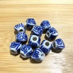 陶器ビーズ とんぼ玉 雷紋 青絵 染付 シノワズリ 約10mm 12個 t6