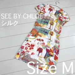 ☆SEE BY CHLOE☆【美品】シルク 膝丈ワンピース 総柄　Mサイズ♡